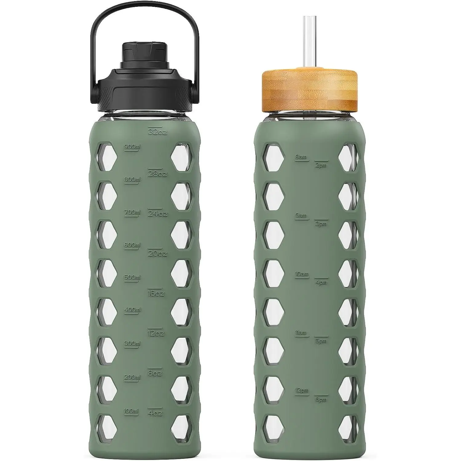 32oz Glass Water Bottles with 2 Lids-Handle Spout Lid&Bamboo Straw Lid, Motivational Water Tumbler with Time Marker Reminder and Silicone Sleeve, Leakproof-Olive-1 Pack