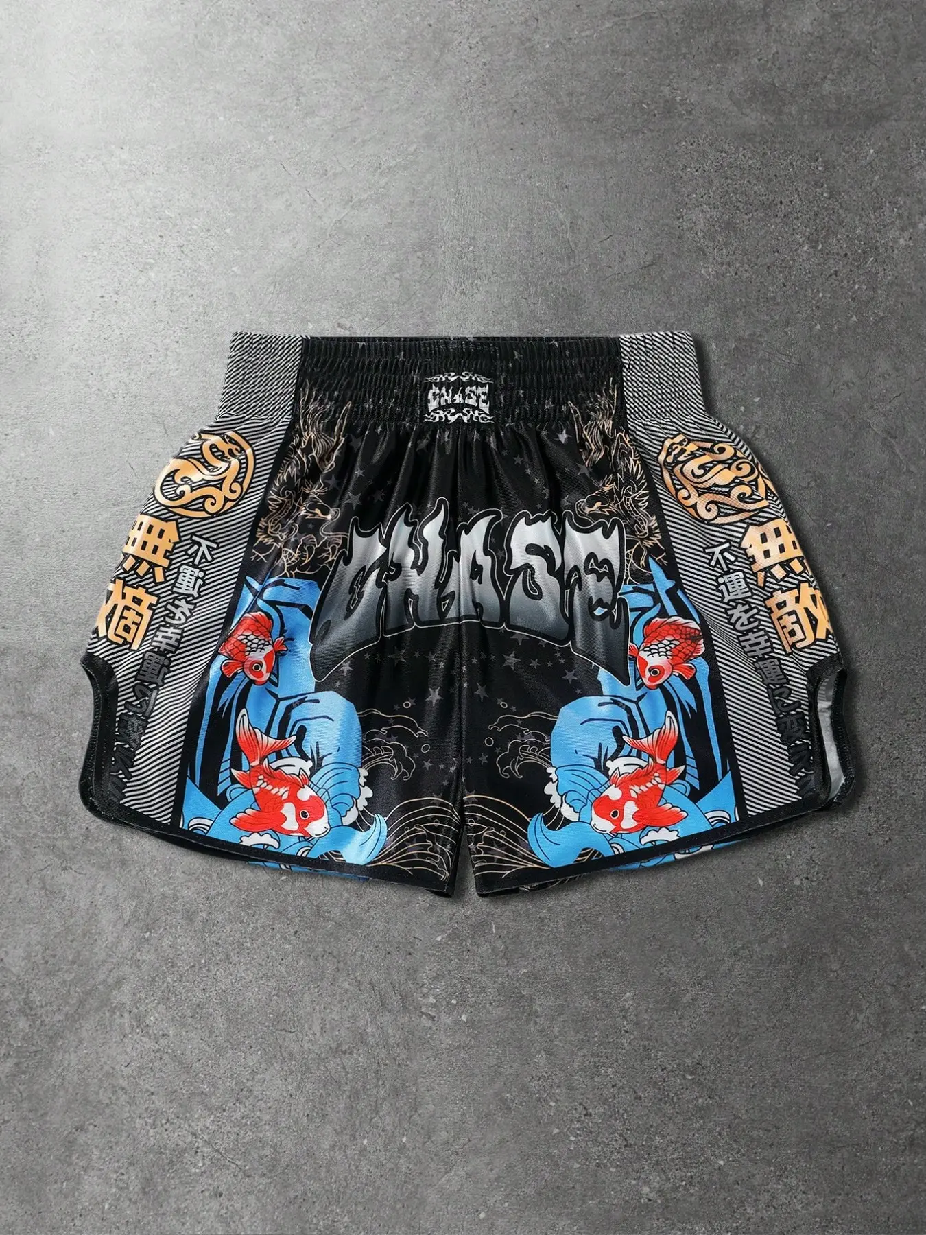 Unisex Koi Fish Print Muay Thai Shorts | High Waisted Satin Boxing Shorts for Kickboxing & MMA Training | Y2K Streetwear Gym Workout Shorts for Men & Women