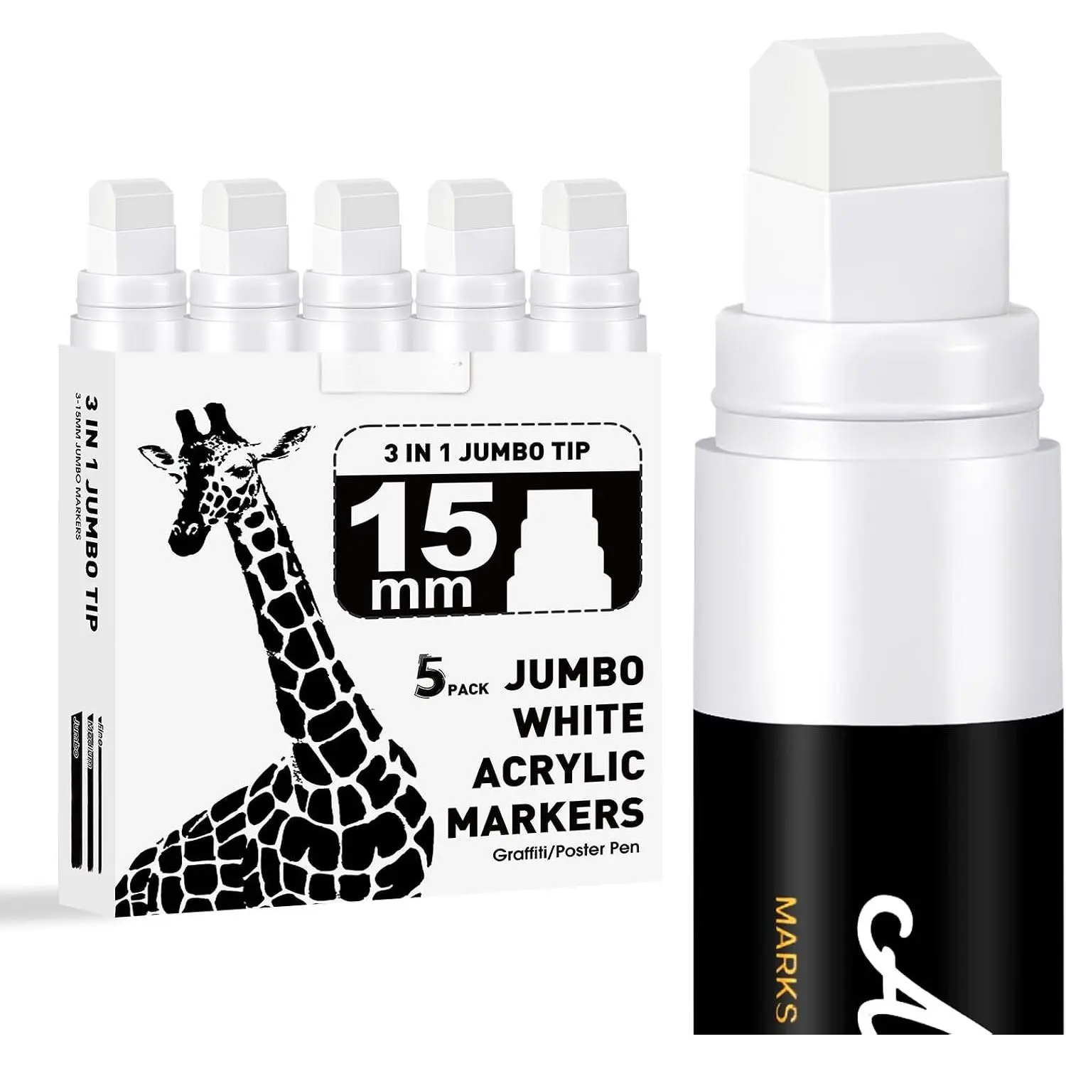 5 count White  Poster Marker,15mm Wide Tip Thick   Pen  Markers,White Graffiti Markers for Poster,Glass,Rock Painting,Ceramic,,Murals and Canvas