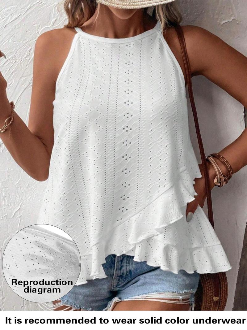 【Plus Size】 Solid Color Eyelet Embroidery Cami Top, Casual Elegant Sleeveless Knit Top for Daily Wear, Women Plus Clothing for All Seasons