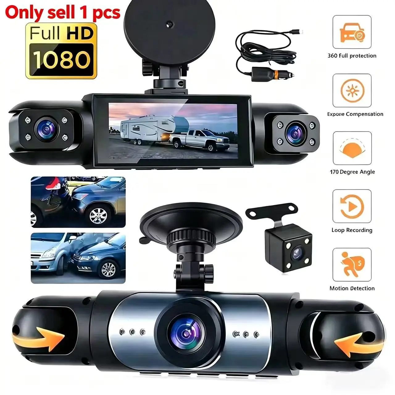 Four-Channel Car Dvr Camera, 64GB Storage Card, Full HD 3.16-Inch Screen, Night Vision, Vehicle Video Monitoring, Internal Dash Cam