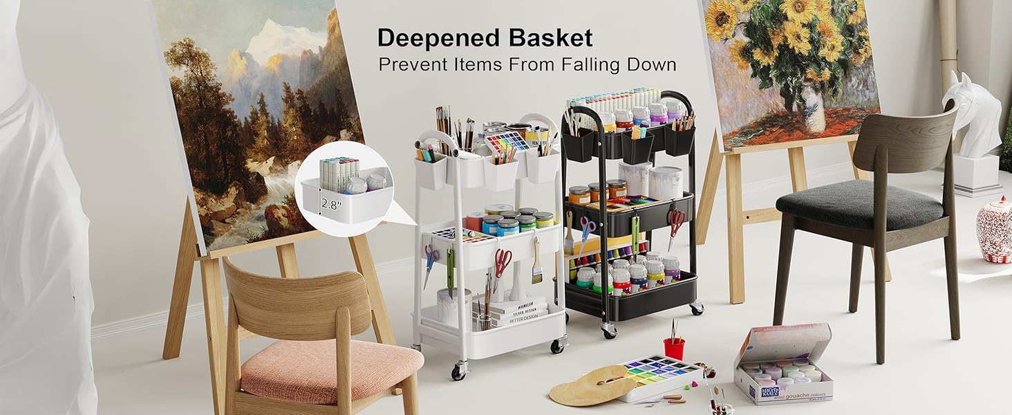 3 Tier Rolling Cart Metal with Wheels, Heavy Duty White Three Tiered Craft Cart Organizer on Wheels, Utility Roller Storage Carts for Art, Baby Nursery, Diaper Caddy, Snack,Book,Nail,Cleaning Supplies