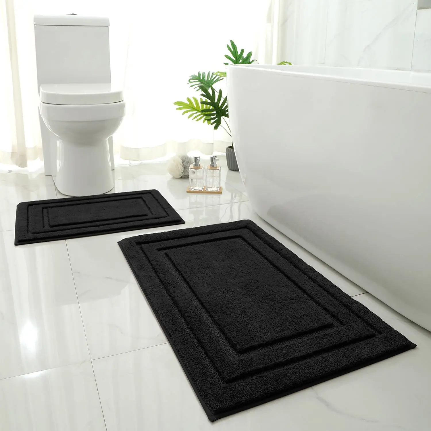 Rugs Sets 2 Piece, Soft and Absorbent Non Slip Microfiber Machine Washable Bath Mat Set (20" x 32" + 16" x 24", Black)
