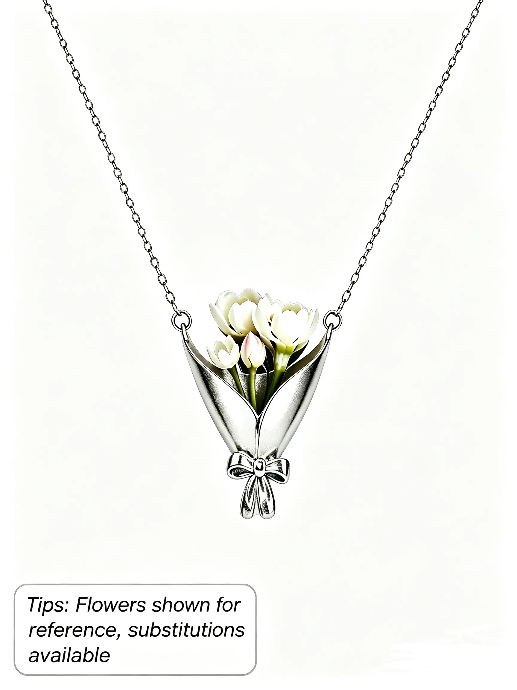 Creative Floral Bouquet Necklace, Silver Color Flower Holder Pendant, DIY Jewelry for Teachers, Brides, Bridesmaids, Customizable Fresh Flowers