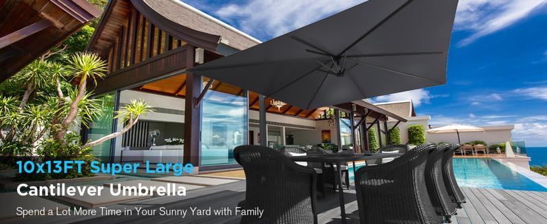Extra Large 10' X 13' Cantilever Patio Umbrella, 360°Rotation, Rectangular Cantilever Patio Umbrella, Heavy Duty Windproof Off-Set Patio Umbrella, Easy Tilt Sunshade Waterproof for Deck Pool Patio