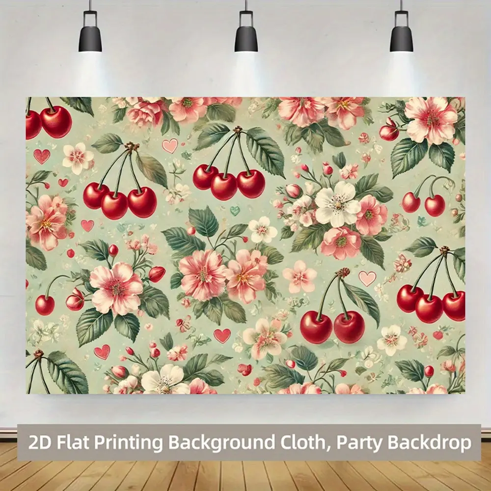 Vintage Cherry Floral Printed Polyester 2D Flat Banner Backdrop Sheet, HD Digitally Printed Soft Lightweight Foldable Cloth, 39.3X59 Inch / 100Cmx150cm & 70.8X90.6 Inch / 180Cmx230cm, for Indoor Party, Product Photography, Portrait Shooting