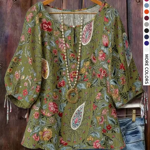 Plus-Size Bohemian Floral Paisley-Print Blouse, Tunic Shirt with Round Neck, Loose-Fit Textured Top with Multiple Color Options, Casual Summer Shirt for Daily Wear and Vacations