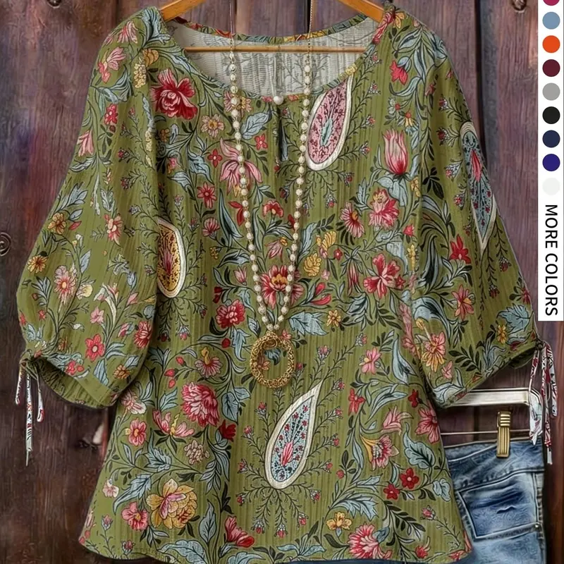 Plus-Size Bohemian Floral Paisley-Print Blouse, Tunic Shirt with Round Neck, Loose-Fit Textured Top with Multiple Color Options, Casual Summer Shirt for Daily Wear and Vacations