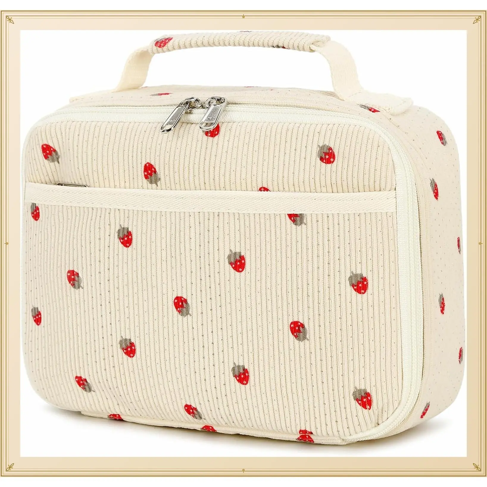 Insulated Corduroy Lunch Bag for Girls & Boys - Leak-Proof School Lunch Box with Cooler & Organizer Compartments, Travel Tote (Strawberries Beige)Gift