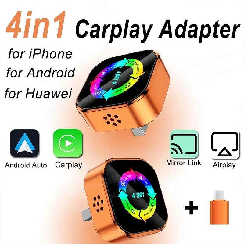 New 4-in-1 Wireless CarPlay Adapter - Compatible with iPhone/Android | Fast Connection, Hands-Free Calling, AirPlay, Mirror Link, Netflix, YouTube. Type-C Adapter, Bluetooth 5.0 Fast Transmission, Ultra HD Stereo Sound
