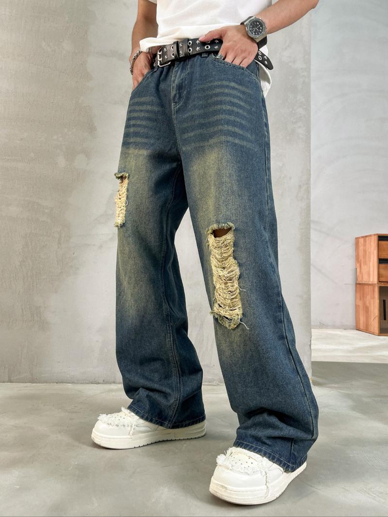 Men's Vintage Wash Distressed Straight Leg Light Wash Jeans, Loose Casual Comfy Denim Jeans for Daily Wear, Wide Leg Jeans for Men, Men's Denim Jeans for All Seasons