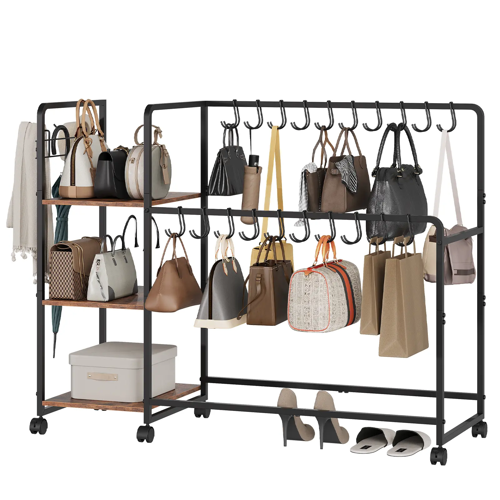 Rack Stand 3-Tier Purse Organizer with Hangers  Side Hooks, Wooden Closet Purse Storage Organizer with Movable Wheels, Large Handbag Storage Shelf for Bedroom Entryway Dressing Room