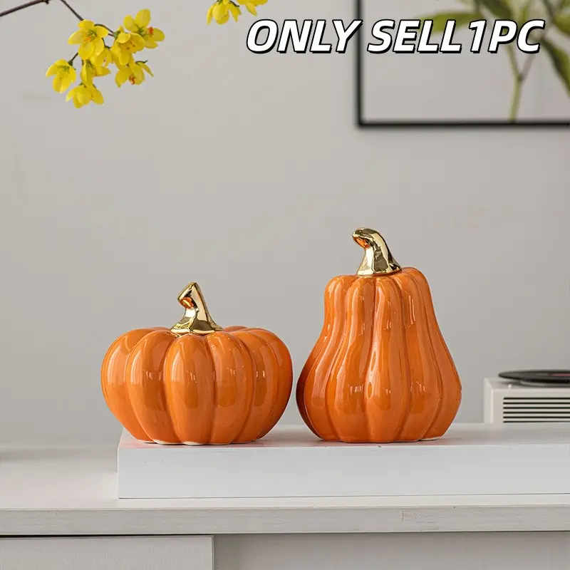 1PC Ceramic Pumpkin Ornament with Golden Stem, Fall Harvest Tabletop Decor, Home Desktop Decoration for Halloween, Thanksgiving and Autumn