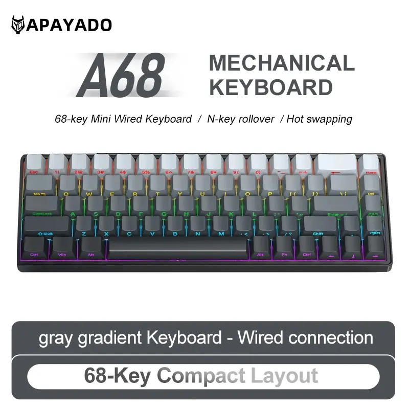 A68 Wired Lighted Mechanical Backlit Keyboard with RGB Backlight, Fully Hot-Swappable Keys, Abs Keycaps, 68-Key Layout for Gaming and Office Use