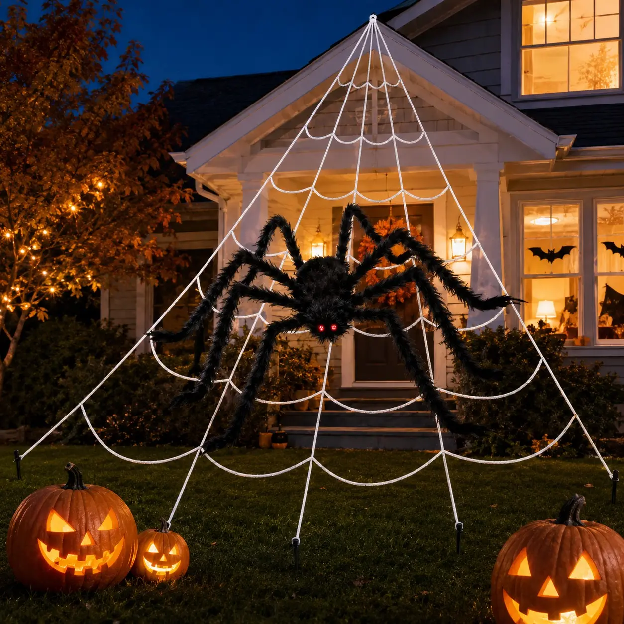 1Set Giant Halloween Spider & 5M Web Decoration – 150cm Realistic Red-Eye Plush Spider for Outdoor Yard, Haunted House Prank Props, Halloween Decorations Outdoor & Scary Party Decor