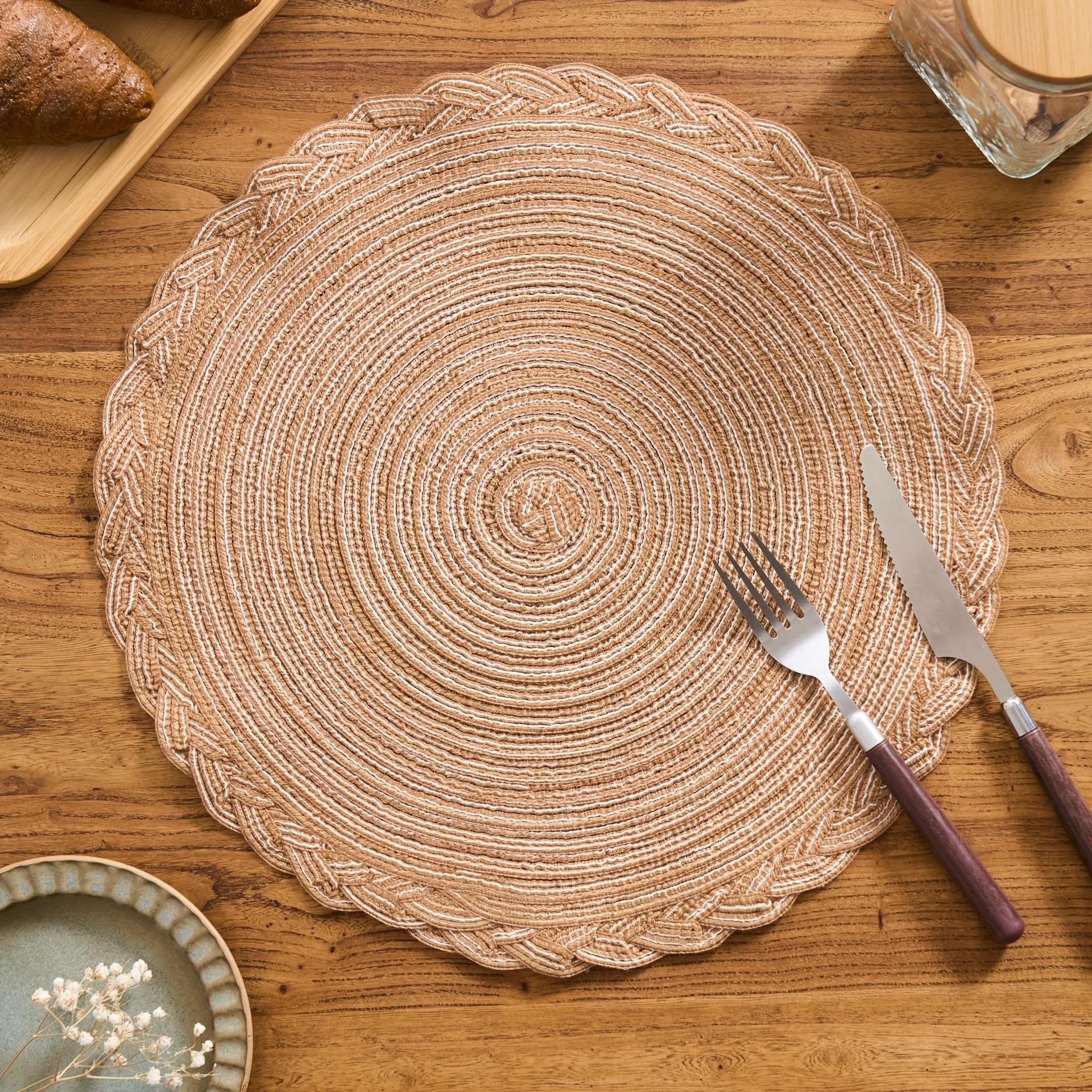 4/6/12pcs Round Woven Placemats with Lace Trim, 29.97 cm - Solid Color Options, Retro Style Kitchen Table Decor Mats for Bowls & Cups, Non-Slip Pads Suitable for Holiday Gatherings, Birthday Parties, Wedding Dinners, and Home Décor