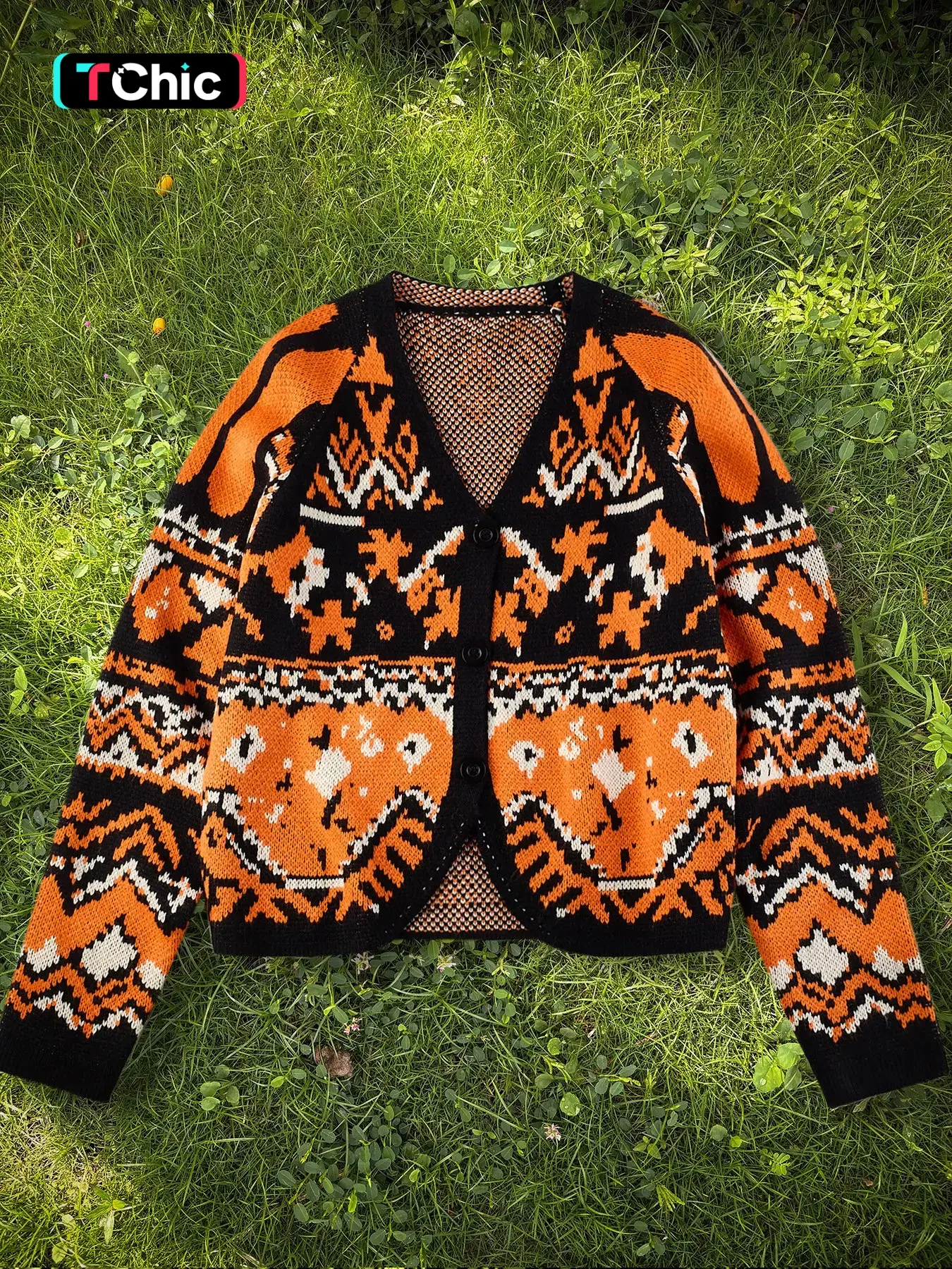 Women's V Neck Button Front Long Sleeve Knit Cardigan, Vintage Pattern Sweater Coat for Fall Winter, Casual Daily Wear Knitwear