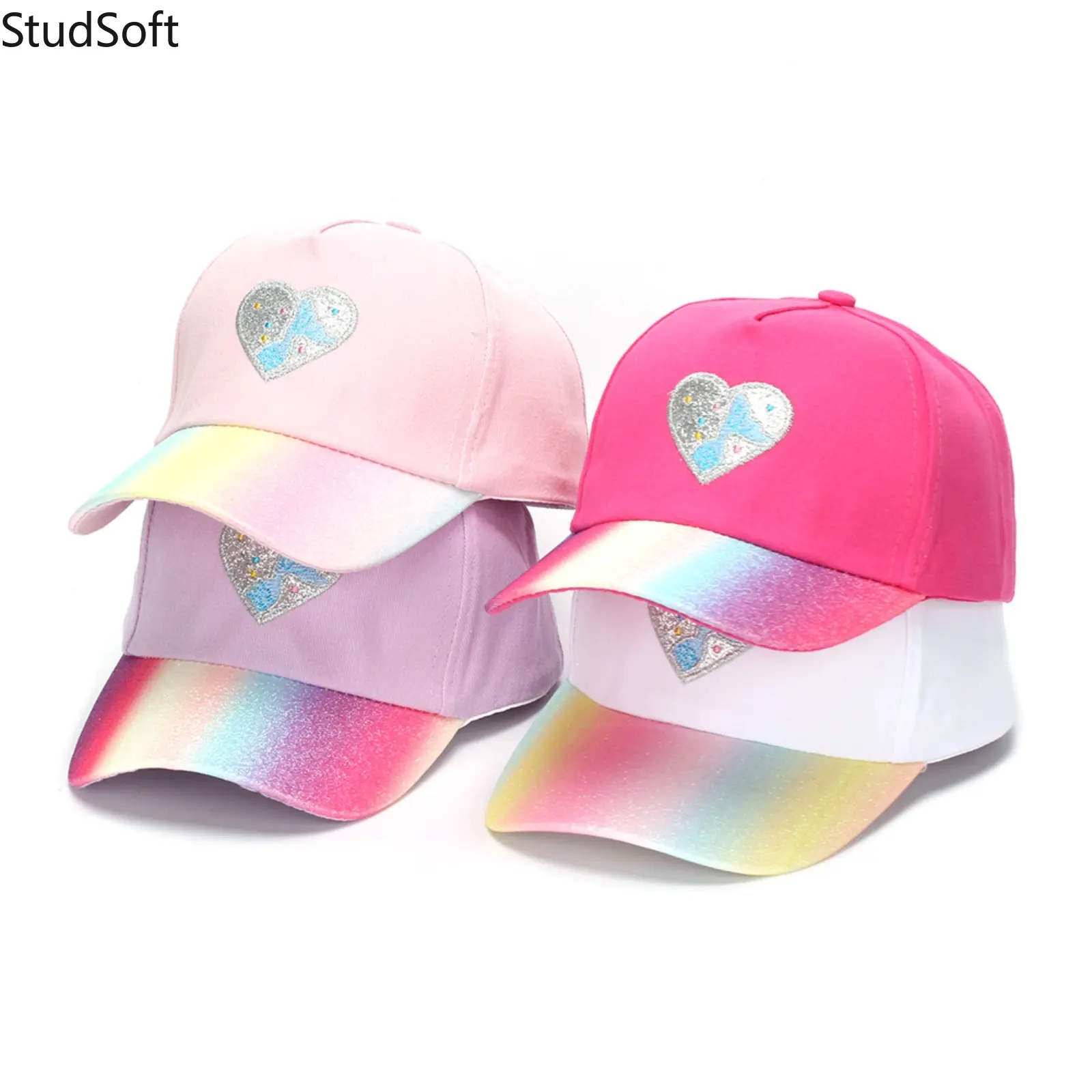 Toddler Girls' Baseball Cap with Glitter Rainbow Heart, Adjustable Soft Cotton Party Hat for Casual Outdoor Sports, Cool Hats, Prop 65 Safe, Glitter Heart, Trendy Hat, Adjustable Size,back to school,back to school haul