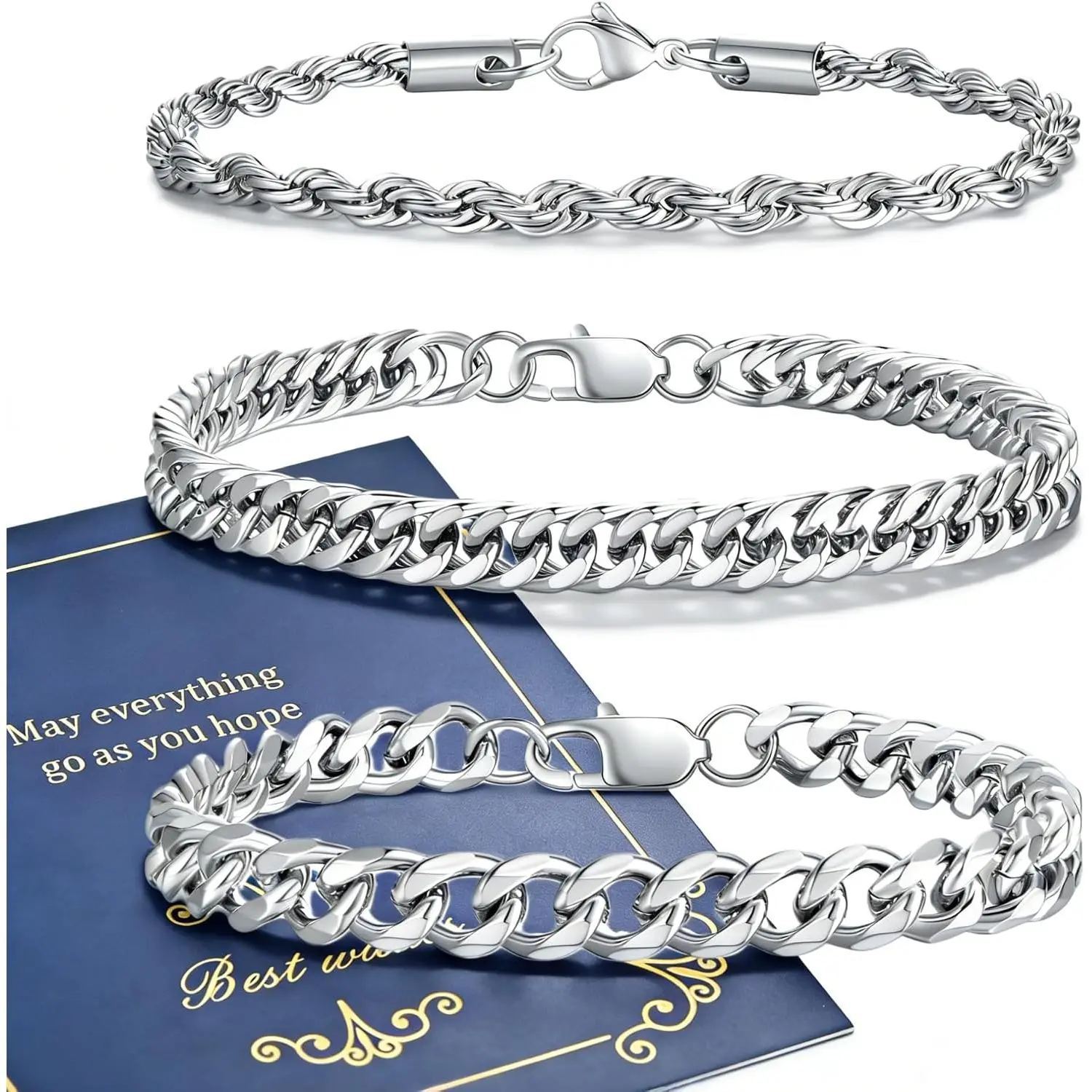 Stainless Steel Bracelets for Men, / Mens Chain Bracelet 7.5/8.3/9 Inches Mens Stainless Steel Cuban Link Bracelets Set 3 count (Include Card)