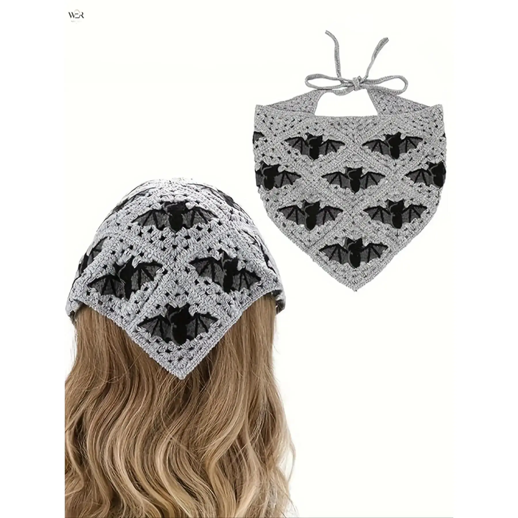 Women's Feminine Gray Crochet Bat Triangle Shawl - Tie Closure, Soft Yarn, 33 cm, 46 g, Base 51 cm, Lightweight Statement Style Accessory, Daily Hair Accessory for Women/Girls, Summer Special Occasion Gift
