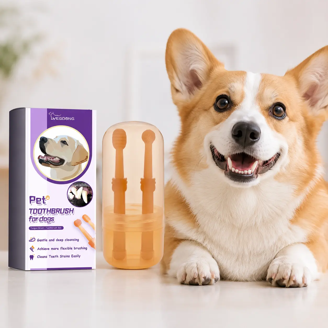 Portable Dog Toothbrush Set with Soft Silicone Bristles Finger Toothbrush - Silicone Storage Case, Tongue Scraper, Finger Gripper, Pet Oral Care Kit for Travel, Soft Touch, Stain Removal, Fresh Breath