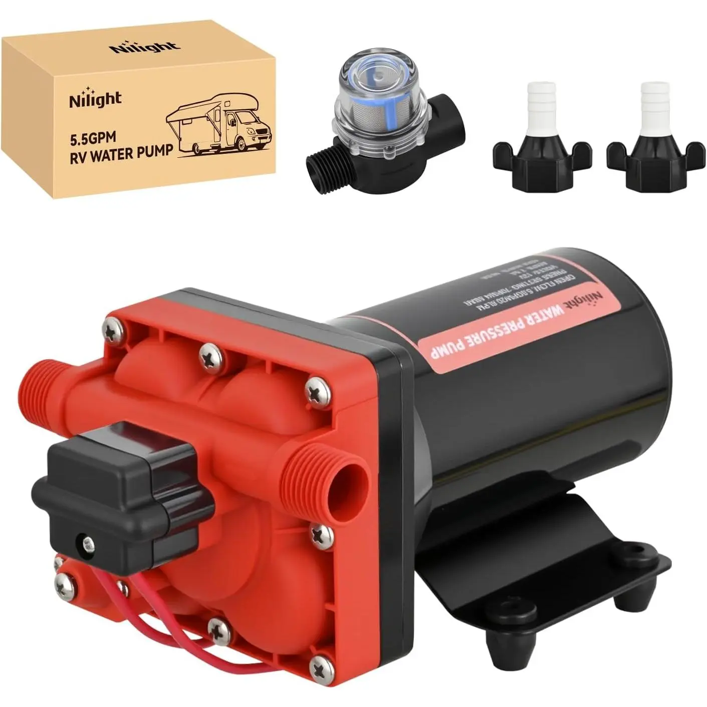 Nilight RV Water Pump 12v Camper Water Pump 5.5 GPM 70 PSI with Pressure Switch& Strainer Heavy Duty Diaphragm Pump 12 Volt DC Upgrade Self-Priming Low Noice for RV Camper Marine Yacht Caravan Trailer