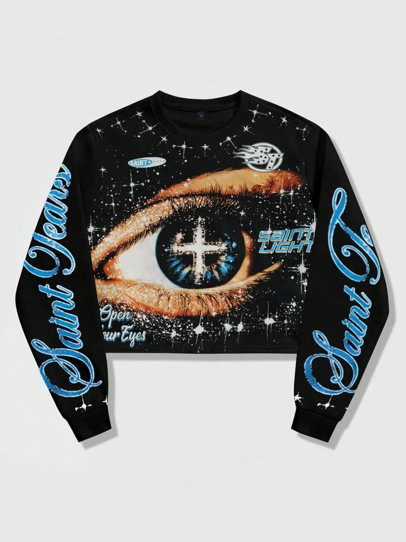 Y2K-style men's/unisex long-sleeve T-shirt featuring a striped print, crew neck, and flared sleeves. Design elements include a retro dark-style cross and "Saint" lettering, with an American high-street aesthetic—cropped, loose-fitting, and flattering.