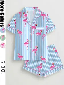 Women's Striped Flamingo Print Pyjama Set, Short Sleeve Button-Up Top & Elastic Shorts, Casual Home Wear, Loungewear, All Seasons