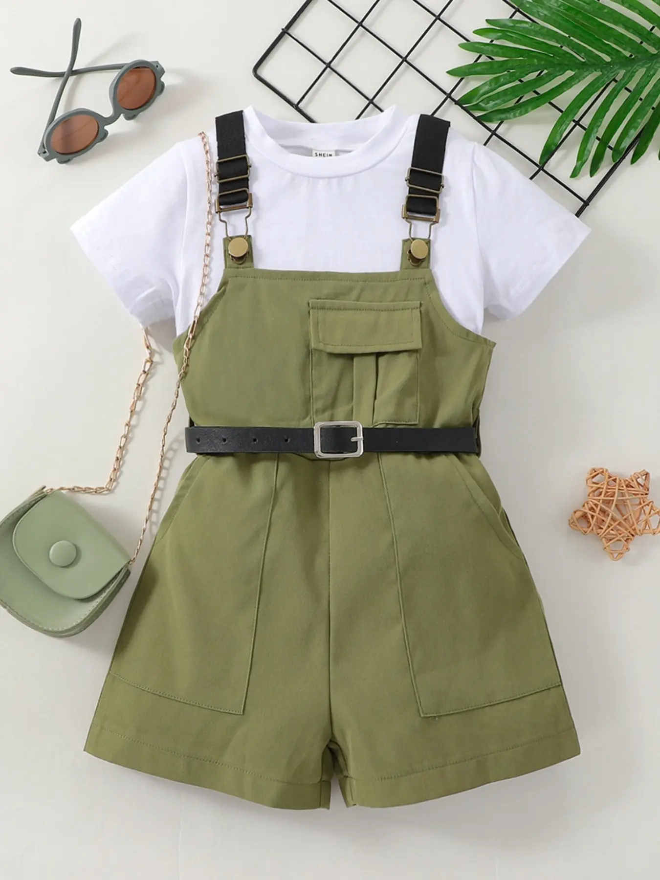 Kids Girls 2-Piece Summer Utility Outfit Set - Trendy Olive Green Cargo Overalls with White T-Shirt and Belt - Stylish Toddler & Big Girls Casual Wear