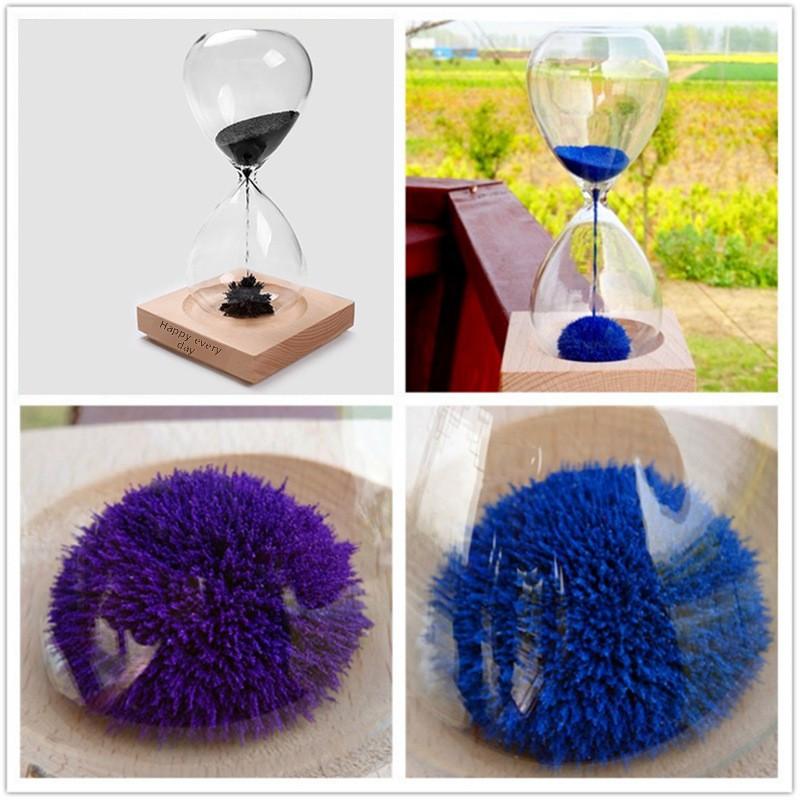 Magnetic Hourglass with Wooden Base - Mesmerizing Iron Filings Sand Timer, Cool Desk Decor Fidget Toy for Office, Unique Stress Relief Gift for Men Women Kids