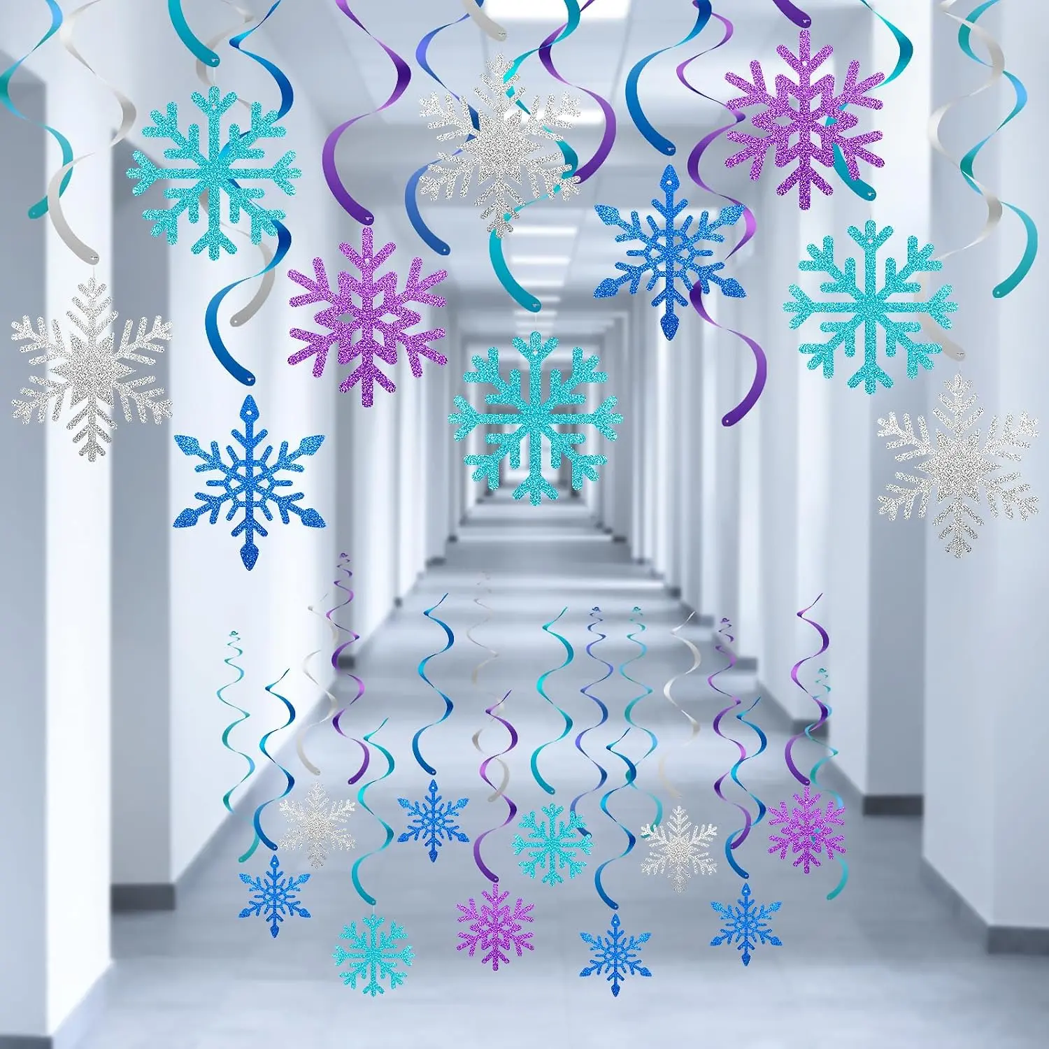 20 count Winter Snowflake  Swirl Decorations - Snowflake  Ceiling Streamers Blue   Garland Ornament for Frozen Winter Wonderland Holiday Birthday Party Decorations