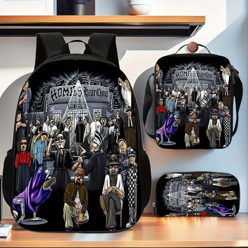 3pcs Homies Originals Backpack Set |   Includes Large Capacity Casual Double Shoulder Backpack, Pencil Bag, And Messenger Bag |   Hand Washable, Zipper Closure, Random Print Design, Lightweight, Lining, Adjustable Shoulder Straps