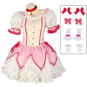Women Girl Kaname Madoka Cosplay Costume Wig Anime Puella Magi Madoka Magica Pink Ball Dress Halloween Party Uniform Outfit