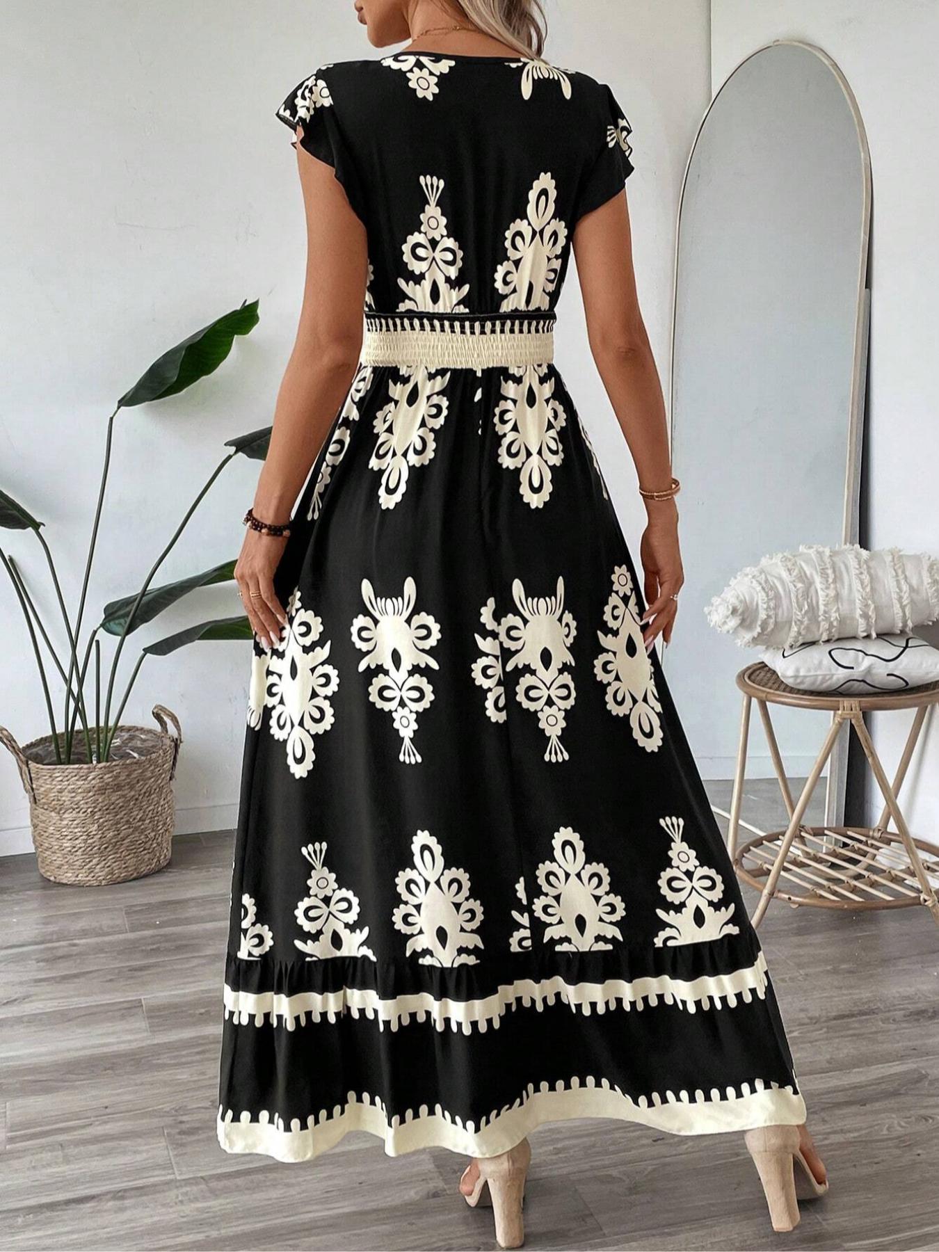 【Plus Size】 Ethnic Pattern V Neck Dress, Boho Cap Sleeve Long Dress for Beach Holiday Vacation, Women's Clothes for Summer, Bohemian Boho Fashion