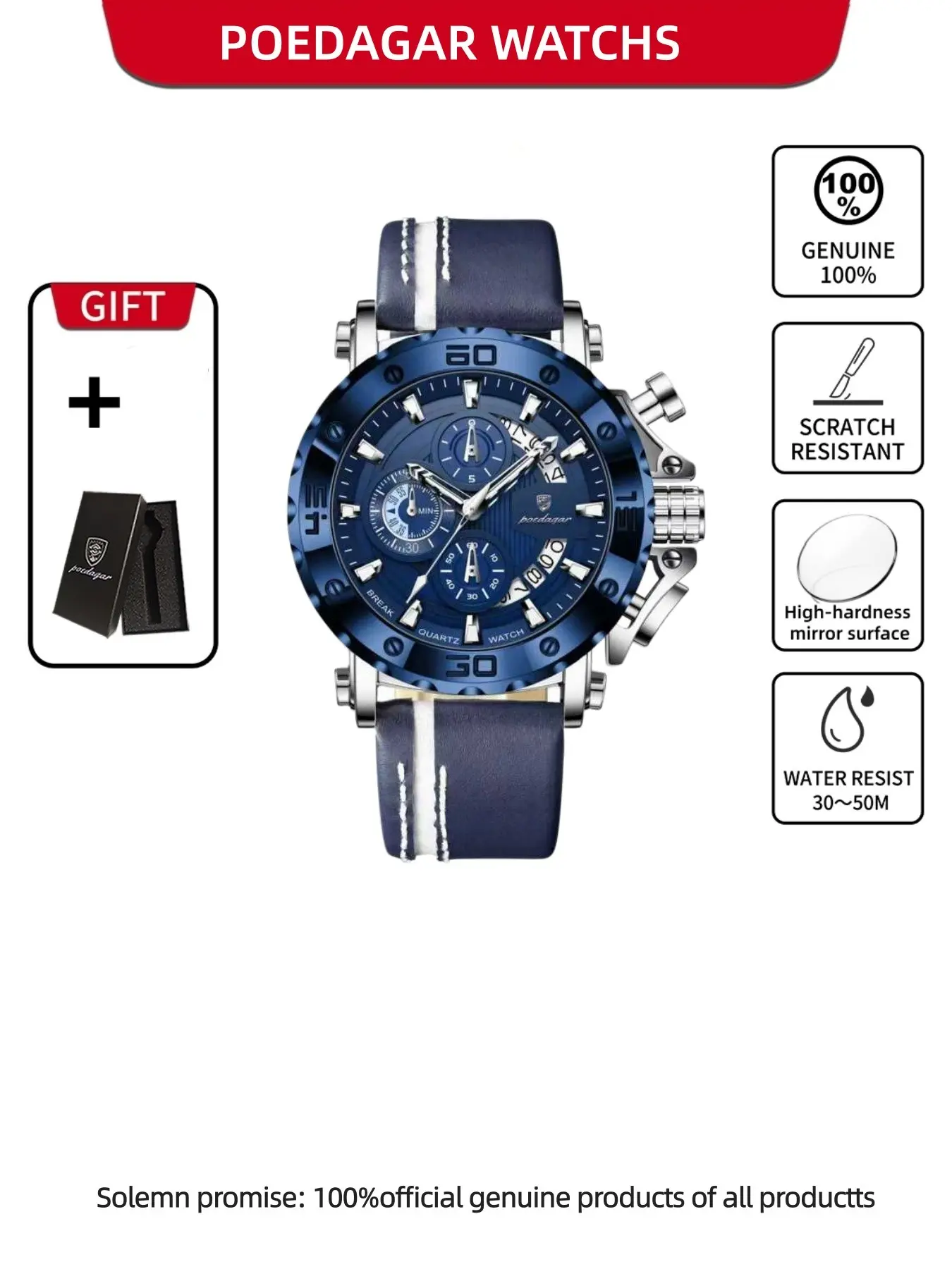 POEDAGAR casual men's watch waterproof night light date timer leather men's watch quartz business fashion men's watch, the best choice to give to boyfriend