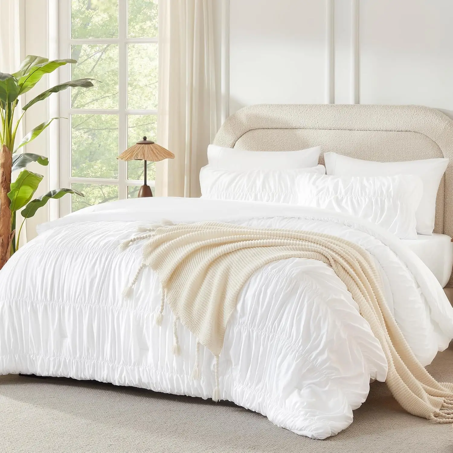 Ruched White Full Comforter Set, Boho Ruffle Bedding Set 3 Pieces | Shabby Chic Bed Set for Girls, Kids, Women, Lightweight Soft Pleatd Comforter, All Season