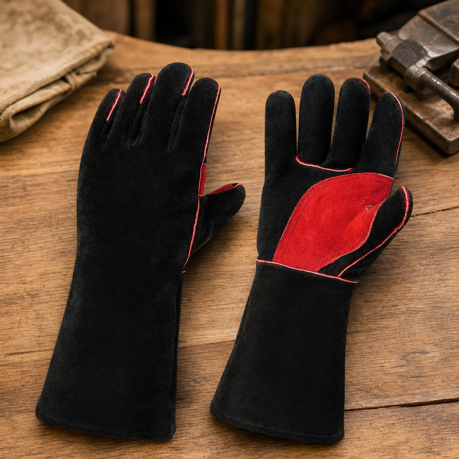 Leather Welding Gloves for Men & Women, 16 Inches, Black-Red, Size L - Heat & Fire Resistant, High Toughness, Comfortable to Wear for MIG, TIG, Stick, Forge, Fireplace, Campfire, Stove, Oven