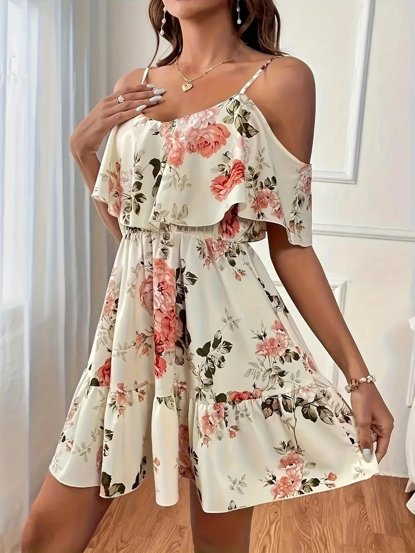 Women's Summer Casual Fashion Backless Strapless Ditsy Floral Dress, Boho Vacation Style Slimming Fit, Short Sleeve Fitted Dress