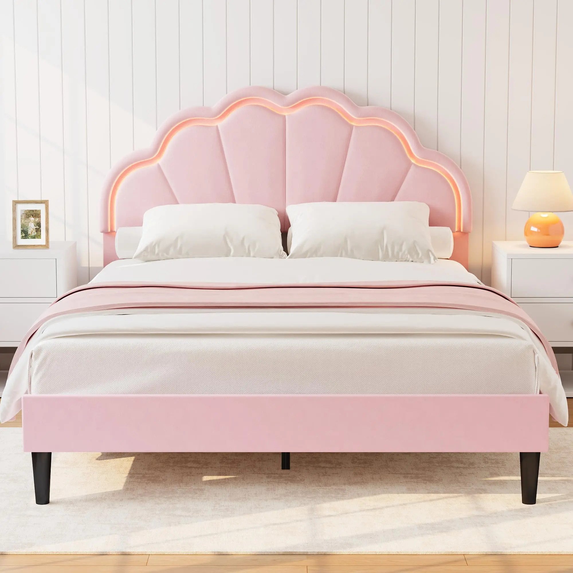 Upholstered Velvet Platform Bed Frame with Adjustable Seashell Headboard and LED Light, Available in Twin, Full, Queen Sizes, Featuring Under Bed Storage, No Box Spring Needed, Colors Light Pink and White