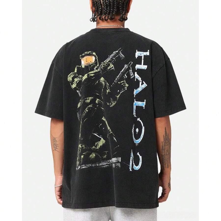 Halo 2 Vintage Washed Heavyweight Cotton T Shirt Premium Crew Neck Graphic Print Unisex Retro Urban Streetwear Classic Fit Soft Breathable Casual Daily Outdoor Fashion Top Trendy Game Apparel Ideal Gift for Gaming Enthusiasts