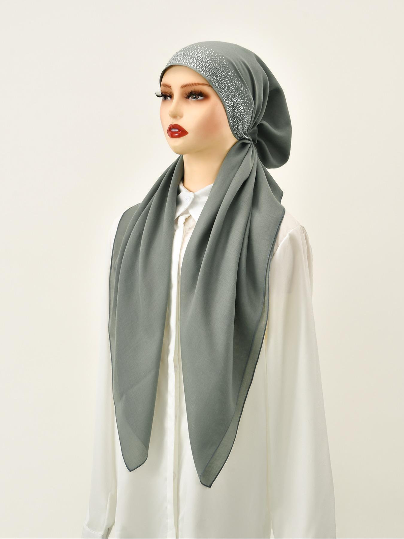 Women's Solid Color Rhinestone Decor Instant Hijab, Modest Fashion Breathable Hijab for Daily Wear, Women's Islamic Accessory for All Seasons, Turban Style Hijab