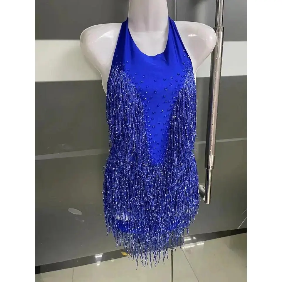 Women's Chic Acrylic-Nylon-Linen Sparkly Rhinestone Fringe Tassel Leotard, Nightclub Party Dance Stage Performance Bodysuit, Female