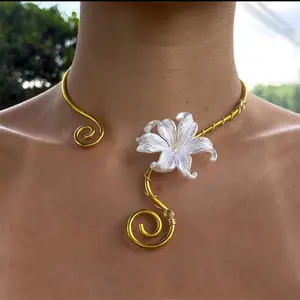 Iris flower jewelry necklace with wire-wrapped flowers and spiral adjustment