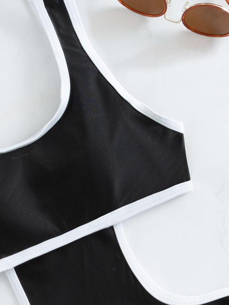 Women's Summer Beach Cut Out Back Bathing Suit Contrast Binding Scoop Neck Ruched Monokini One Piece Swimsuit, Sleeveless Swimsuit