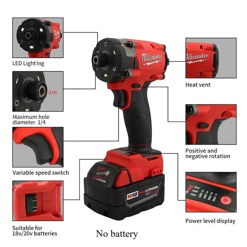 Milwaukee Cordless Impact Driver Brushless 18V Lithium Battery High Torque Electric Drill
