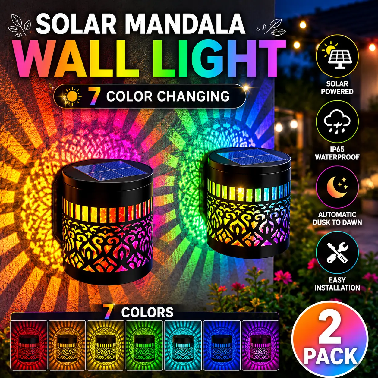 2-Pack Solar Mandala Projection Wall Light, Color-Changing Waterproof Metal Outdoor Decorative Light, Solar Fence Light for Patio, Garden, Porch, Backyard, Dusk to Dawn LED