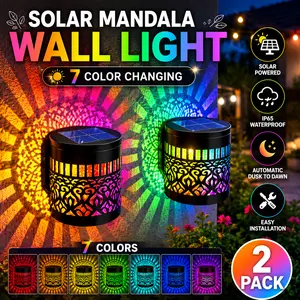 2-Pack Solar Mandala Projection Wall Light, Color-Changing Waterproof Metal Outdoor Decorative Light, Solar Fence Light for Patio, Garden, Porch, Backyard, Dusk to Dawn LED