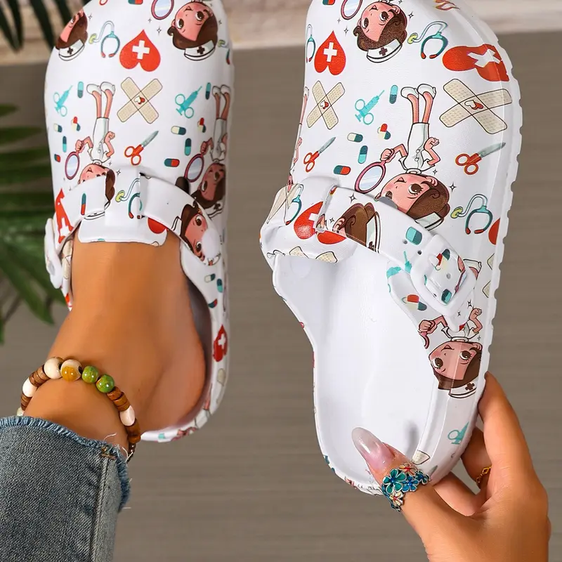 Women's Cartoon Print EVA Clogs, Comfortable Summer Work Shoes, Lightweight Flat Soft Sole, Adjustable Buckle, Fashionable Slippers for Beach and Garden