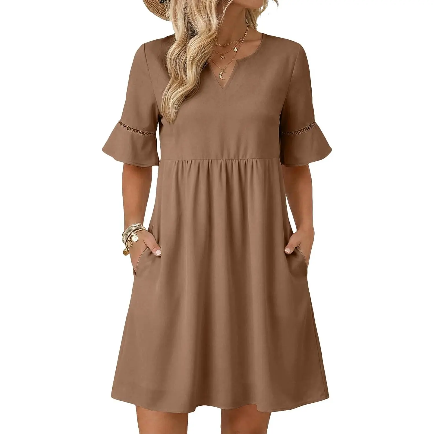 Summer Dresses for Women 2026 Casual V Neck Spring Dress Ruffle Short Sleeve Hollow Out Mini Dress A Line Dresses
