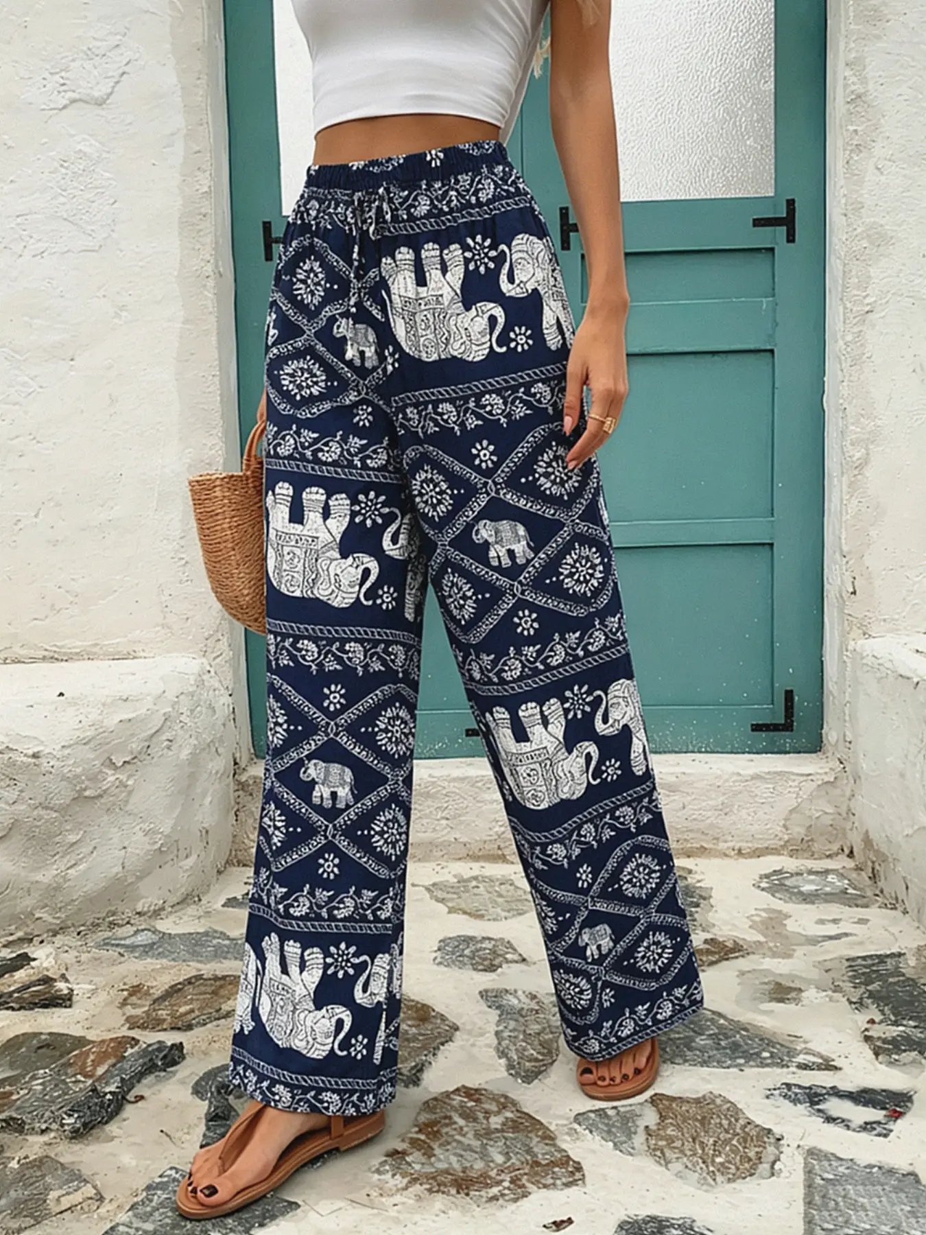 Boho Elephant Print Wide Leg Pants, Bohemian High Waist Elastic Waist Loose Straight Fit Casual Long Pants, Vacation Beachwear